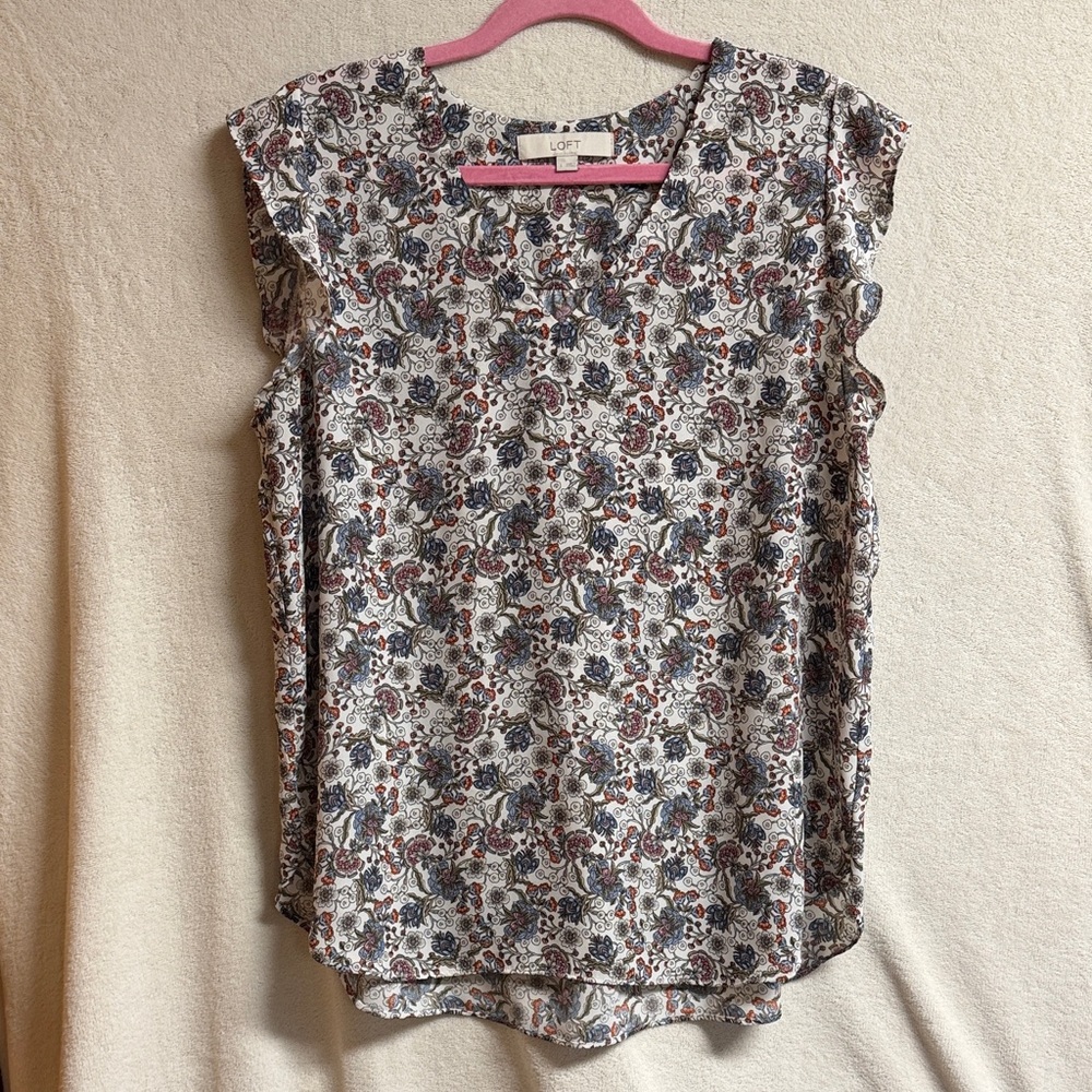 LOFT Cream Floral Cap-Sleeve Blouse with Blue and Rust Accents